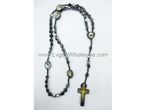 Cube Shape Hematite Beads Rosary with Wooden Crucifix 24inch